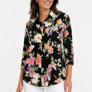 Lauren Ralph Lauren Womens 2X Black Floral Cotton 3/4 Sleeve Button Up Shirt